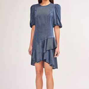 Amur Puff Sleeve Denim Dress with Ruffle Asymmetrical Hem